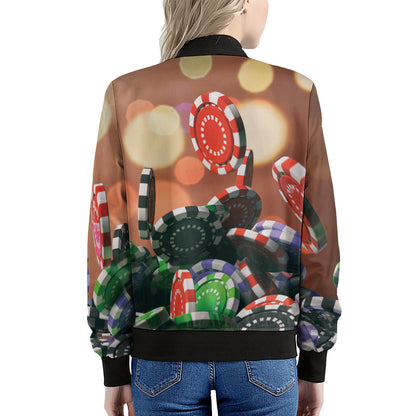 Falling Poker Chips Print Women's Bomber Jacket