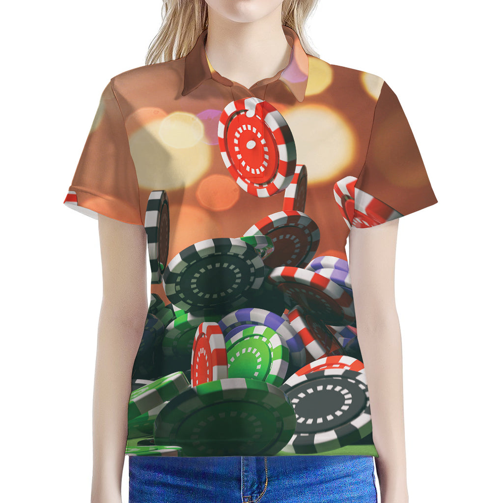 Falling Poker Chips Print Women's Polo Shirt