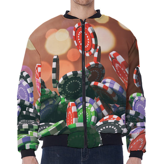 Falling Poker Chips Print Zip Sleeve Bomber Jacket