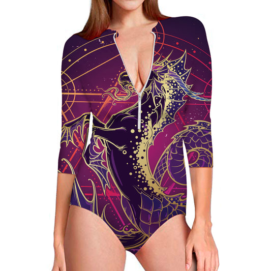 Fantastic Capricorn Sign Print Long Sleeve Swimsuit