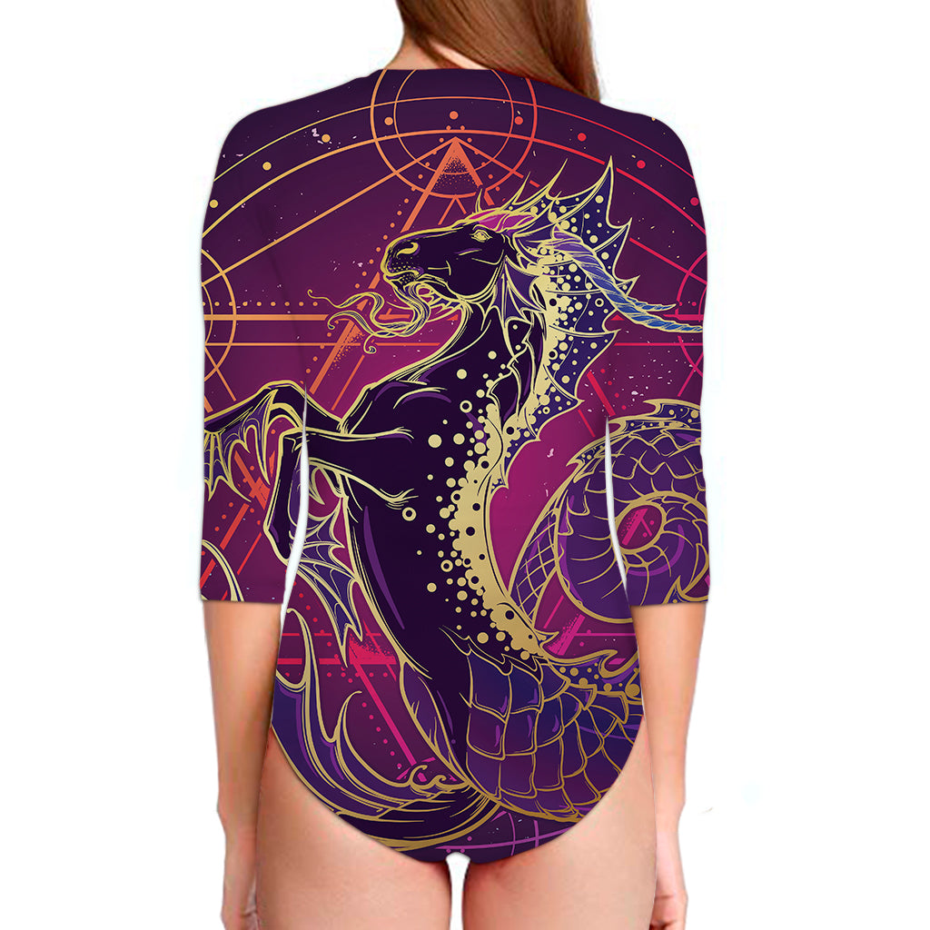 Fantastic Capricorn Sign Print Long Sleeve Swimsuit