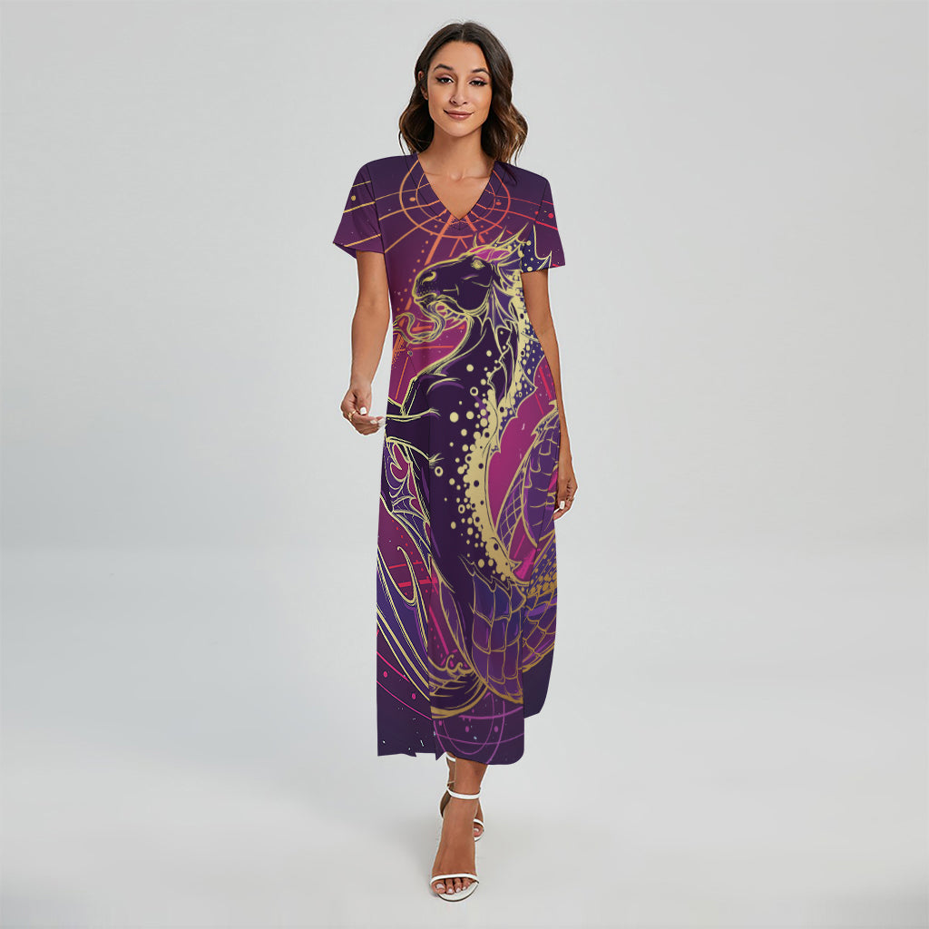 Fantastic Capricorn Sign Print Short Sleeve Maxi Dress