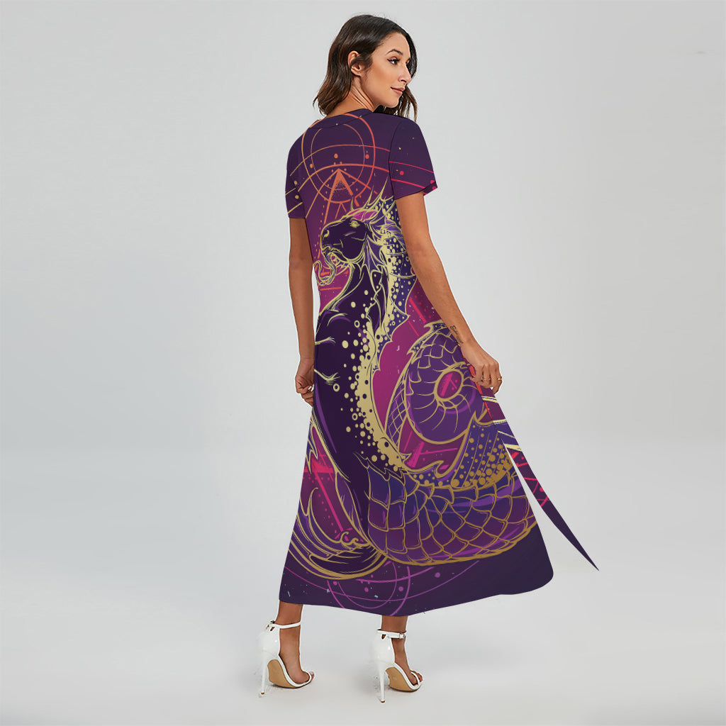 Fantastic Capricorn Sign Print Short Sleeve Maxi Dress