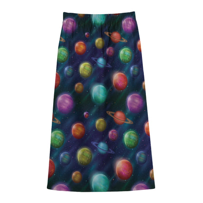 Fantastic Planets Pattern Print Cotton Front Slit Maxi Skirt