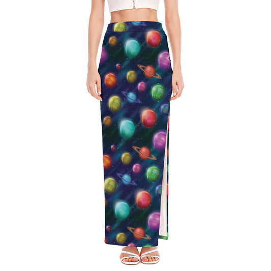 Fantastic Planets Pattern Print High Slit Maxi Skirt