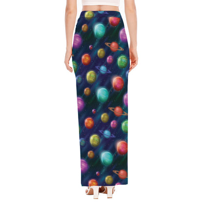 Fantastic Planets Pattern Print High Slit Maxi Skirt