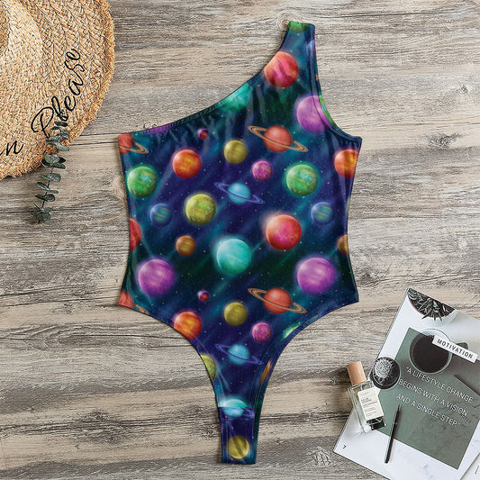 Fantastic Planets Pattern Print One Shoulder Bodysuit