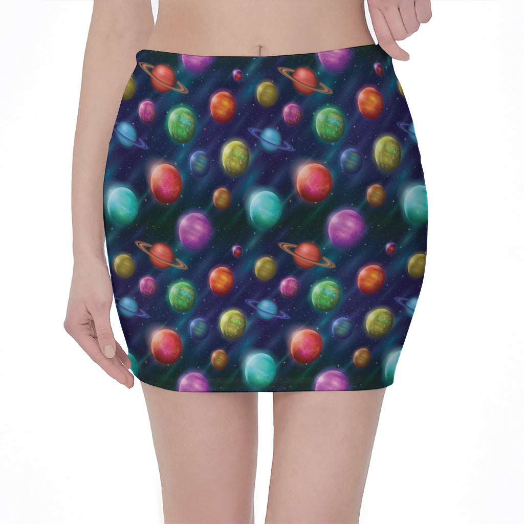 Fantastic Planets Pattern Print Pencil Mini Skirt