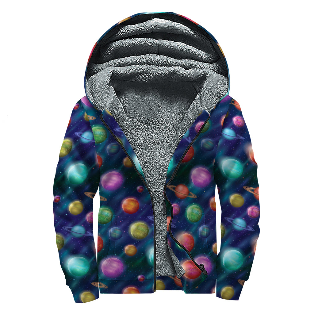 Fantastic Planets Pattern Print Sherpa Lined Zip Up Hoodie