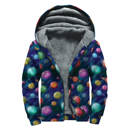 Fantastic Planets Pattern Print Sherpa Lined Zip Up Hoodie
