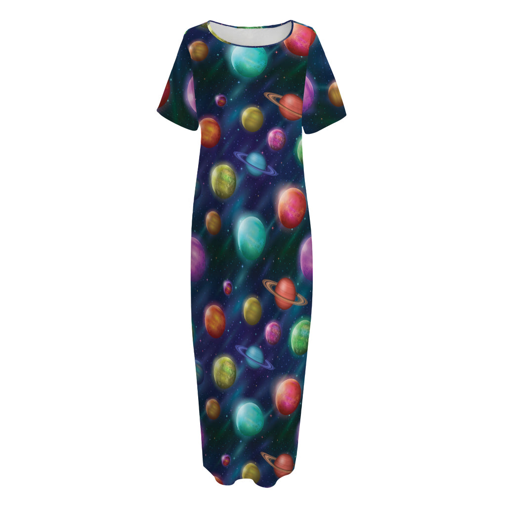 Fantastic Planets Pattern Print Short Sleeve Long Nightdress