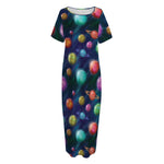 Fantastic Planets Pattern Print Short Sleeve Long Nightdress