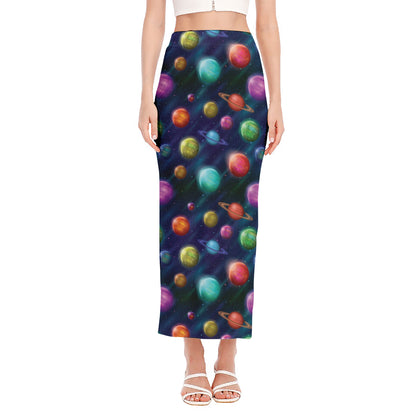 Fantastic Planets Pattern Print Side Slit Maxi Skirt