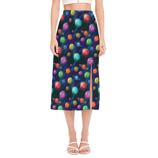 Fantastic Planets Pattern Print Side Slit Midi Skirt