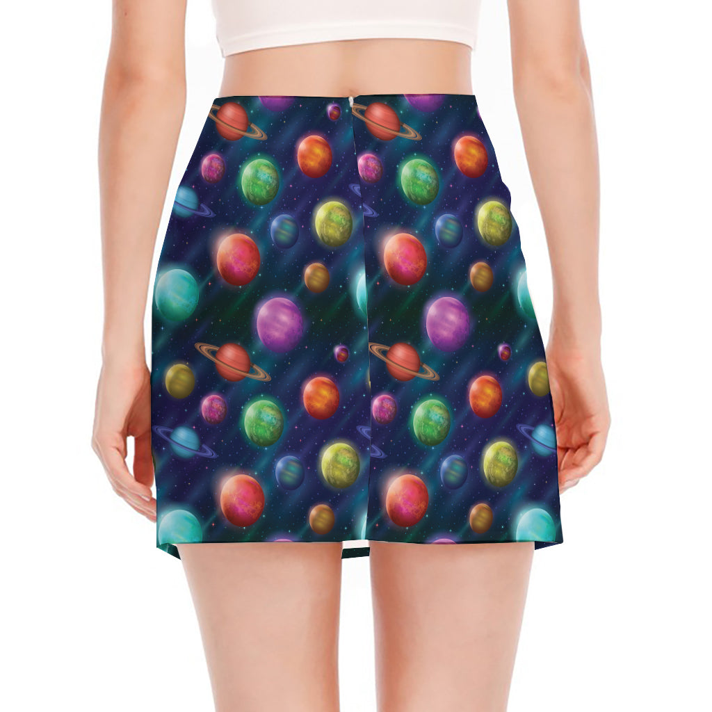 Fantastic Planets Pattern Print Side Slit Mini Skirt