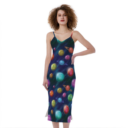 Fantastic Planets Pattern Print Slim Fit Midi Cami Dress