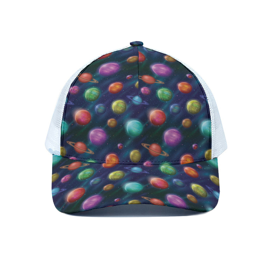 Fantastic Planets Pattern Print White Mesh Trucker Cap