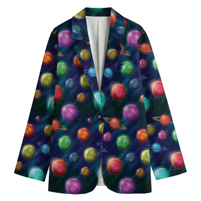 Fantastic Planets Pattern Print Women's Cotton Blazer