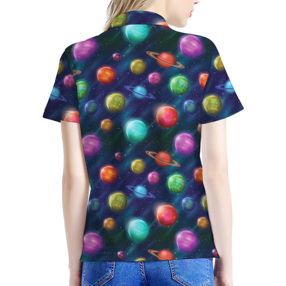 Fantastic Planets Pattern Print Women's Polo Shirt
