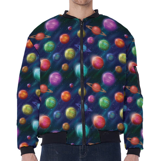 Fantastic Planets Pattern Print Zip Sleeve Bomber Jacket