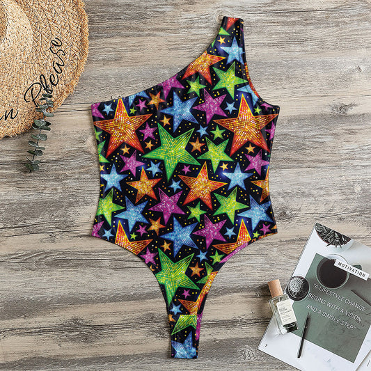 Fantastic Star Pattern Print One Shoulder Bodysuit