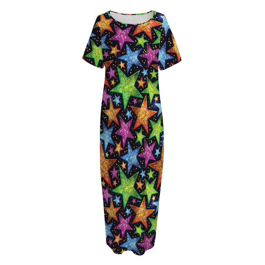 Fantastic Star Pattern Print Short Sleeve Long Nightdress
