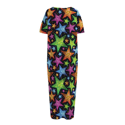 Fantastic Star Pattern Print Short Sleeve Long Nightdress