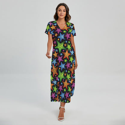 Fantastic Star Pattern Print Short Sleeve Maxi Dress