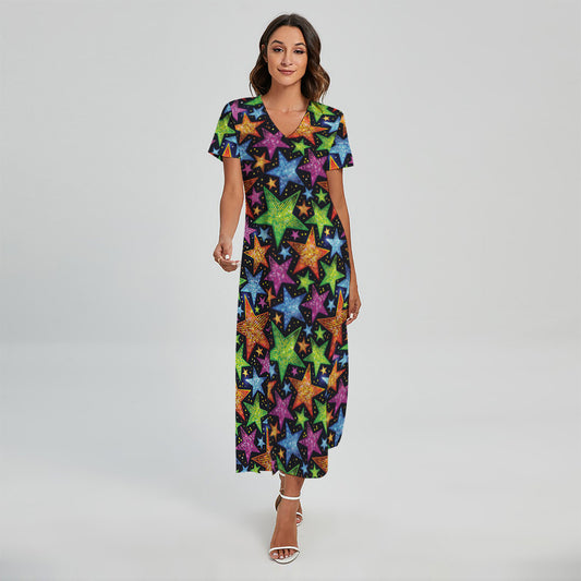 Fantastic Star Pattern Print Short Sleeve Maxi Dress