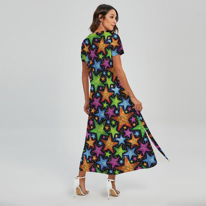 Fantastic Star Pattern Print Short Sleeve Maxi Dress