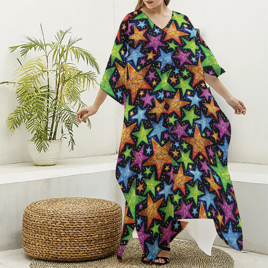 Fantastic Star Pattern Print Silk V-Neck Kaftan Dress
