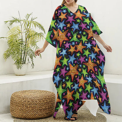 Fantastic Star Pattern Print Silk V-Neck Kaftan Dress