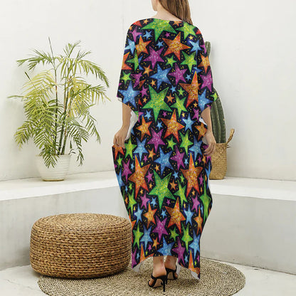 Fantastic Star Pattern Print Silk V-Neck Kaftan Dress