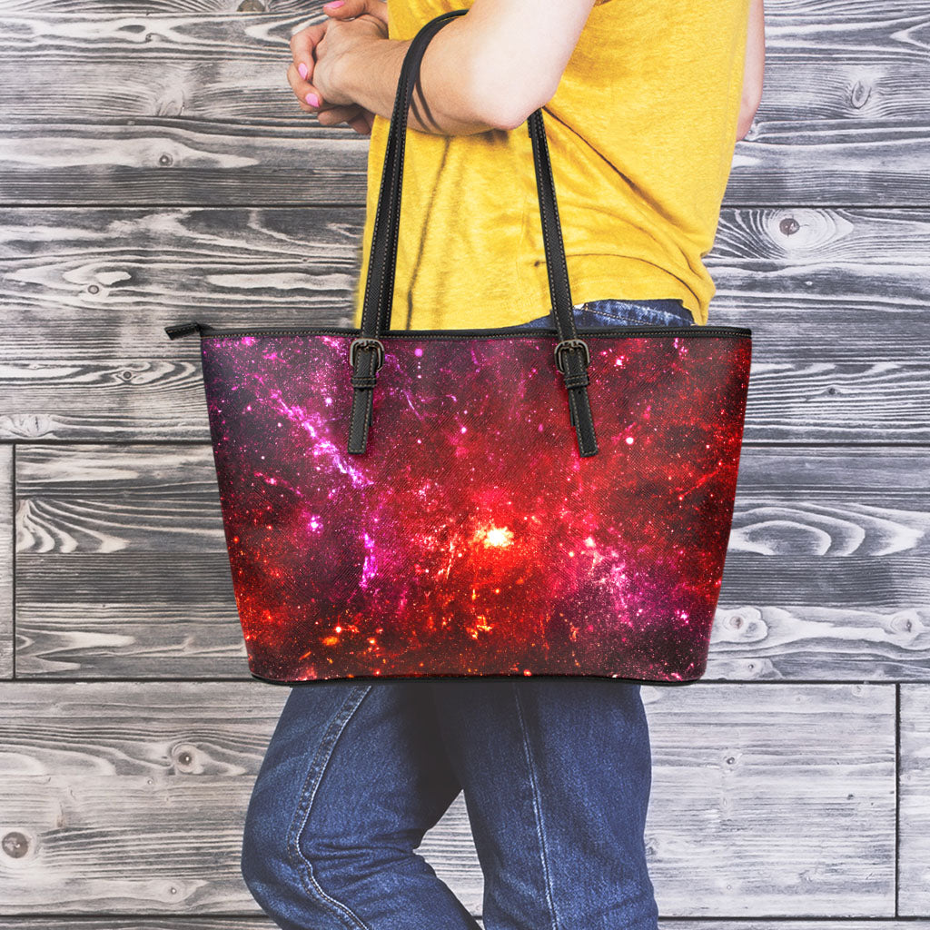 Fiery Nebula Universe Galaxy Space Print Leather Tote Bag