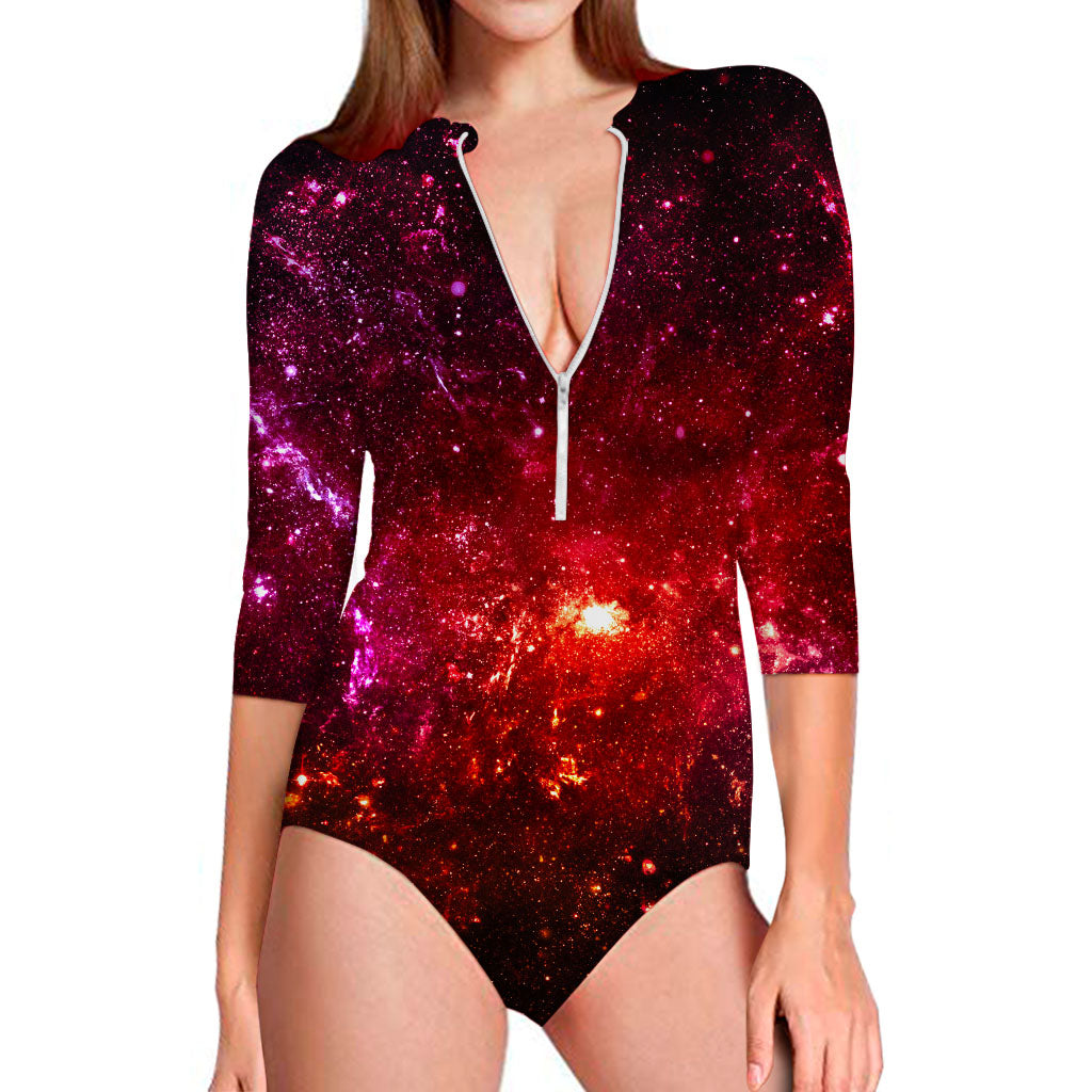 Fiery Nebula Universe Galaxy Space Print Long Sleeve Swimsuit
