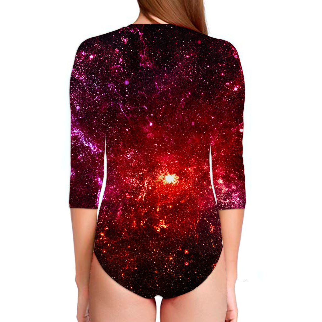 Fiery Nebula Universe Galaxy Space Print Long Sleeve Swimsuit