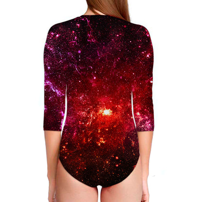 Fiery Nebula Universe Galaxy Space Print Long Sleeve Swimsuit