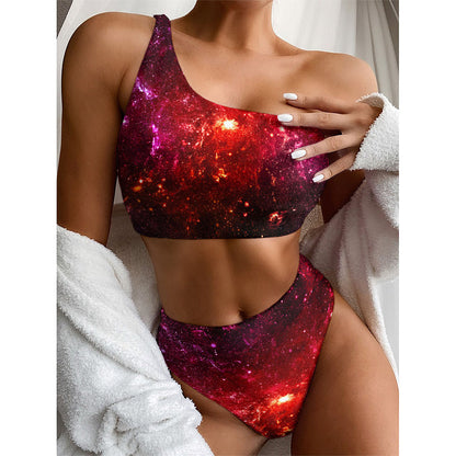 Fiery Nebula Universe Galaxy Space Print One Shoulder Bikini Top
