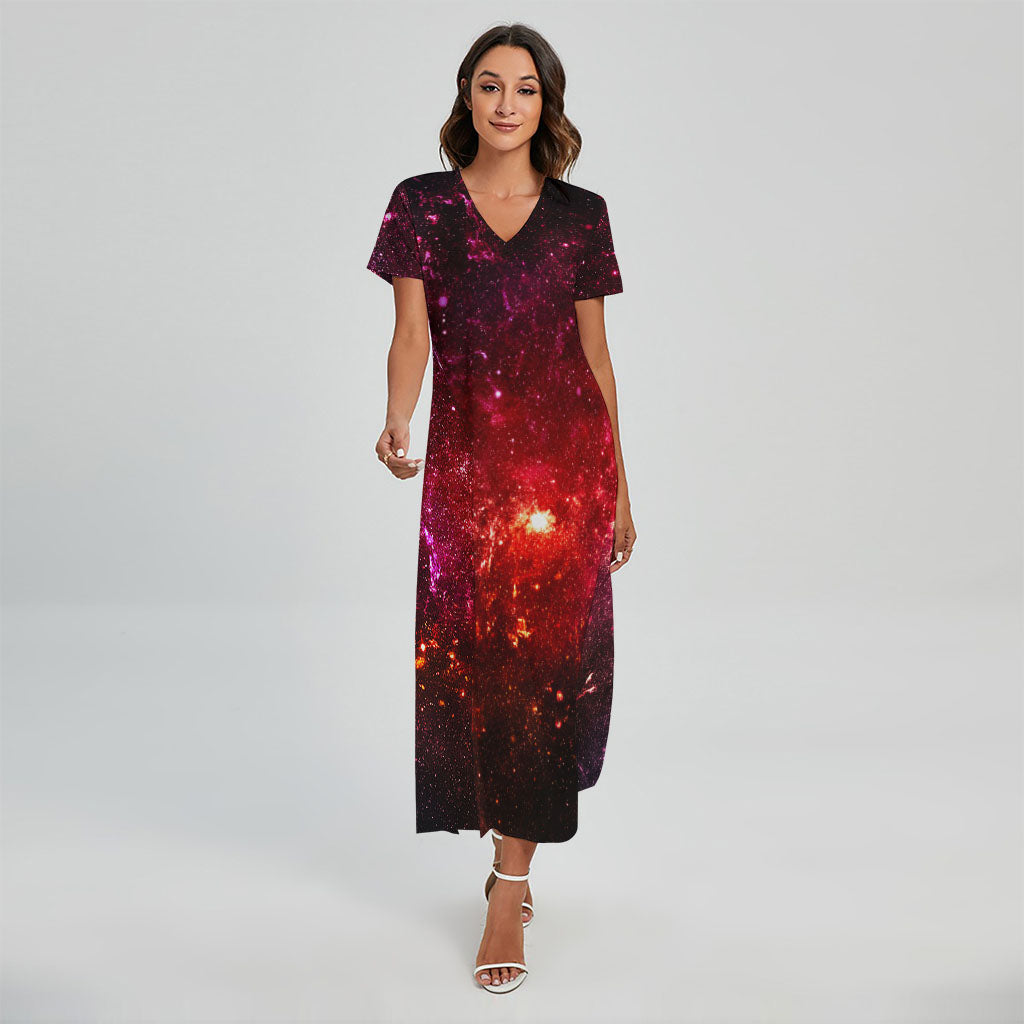 Fiery Nebula Universe Galaxy Space Print Short Sleeve Maxi Dress