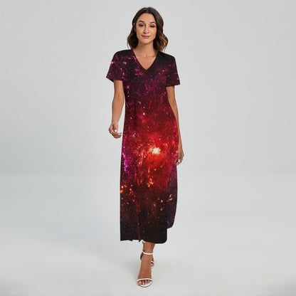 Fiery Nebula Universe Galaxy Space Print Short Sleeve Maxi Dress