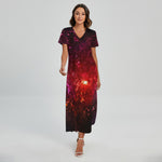 Fiery Nebula Universe Galaxy Space Print Short Sleeve Maxi Dress