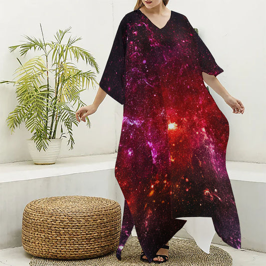 Fiery Nebula Universe Galaxy Space Print Silk V-Neck Kaftan Dress