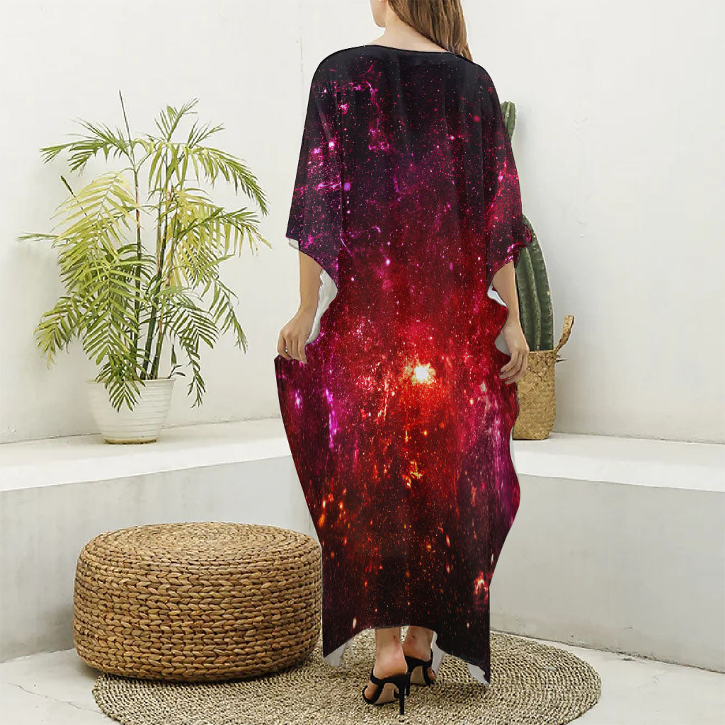 Fiery Nebula Universe Galaxy Space Print Silk V-Neck Kaftan Dress