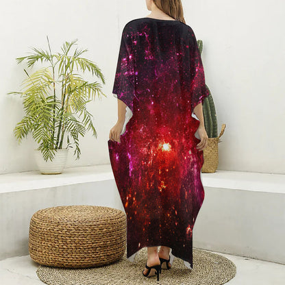 Fiery Nebula Universe Galaxy Space Print Silk V-Neck Kaftan Dress