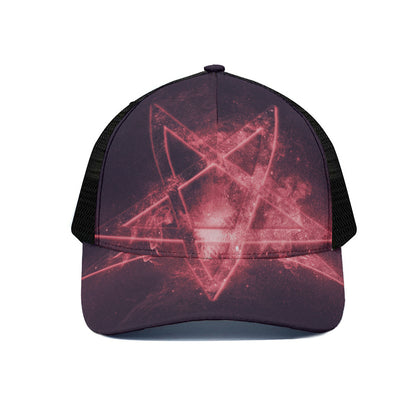 Fiery Reversed Pentagram Print Black Mesh Trucker Cap