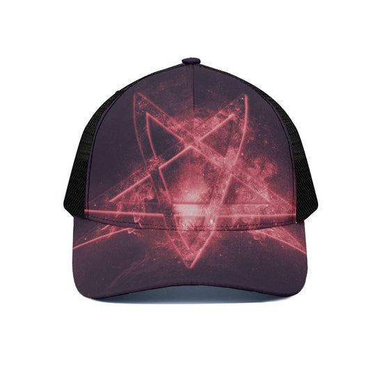Fiery Reversed Pentagram Print Black Mesh Trucker Cap