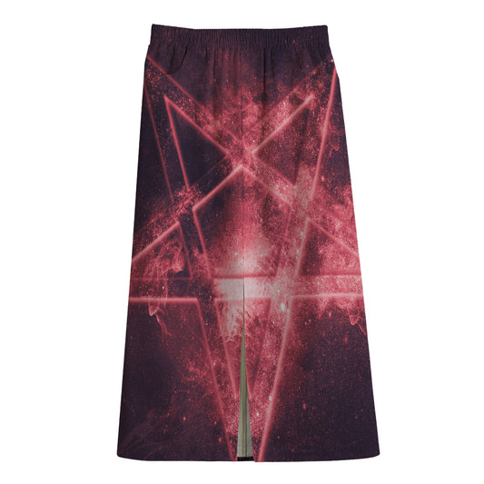 Fiery Reversed Pentagram Print Cotton Front Slit Maxi Skirt