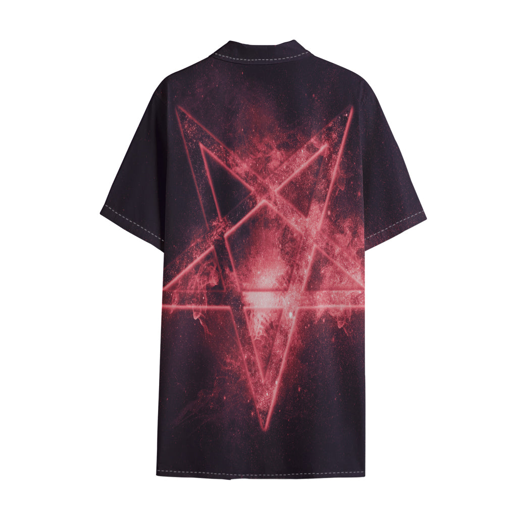 Fiery Reversed Pentagram Print Cotton Hawaiian Shirt