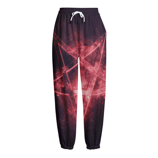 Fiery Reversed Pentagram Print Fleece Lined Knit Pants