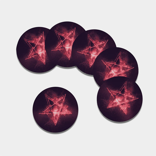 Fiery Reversed Pentagram Print Leather Coaster Set